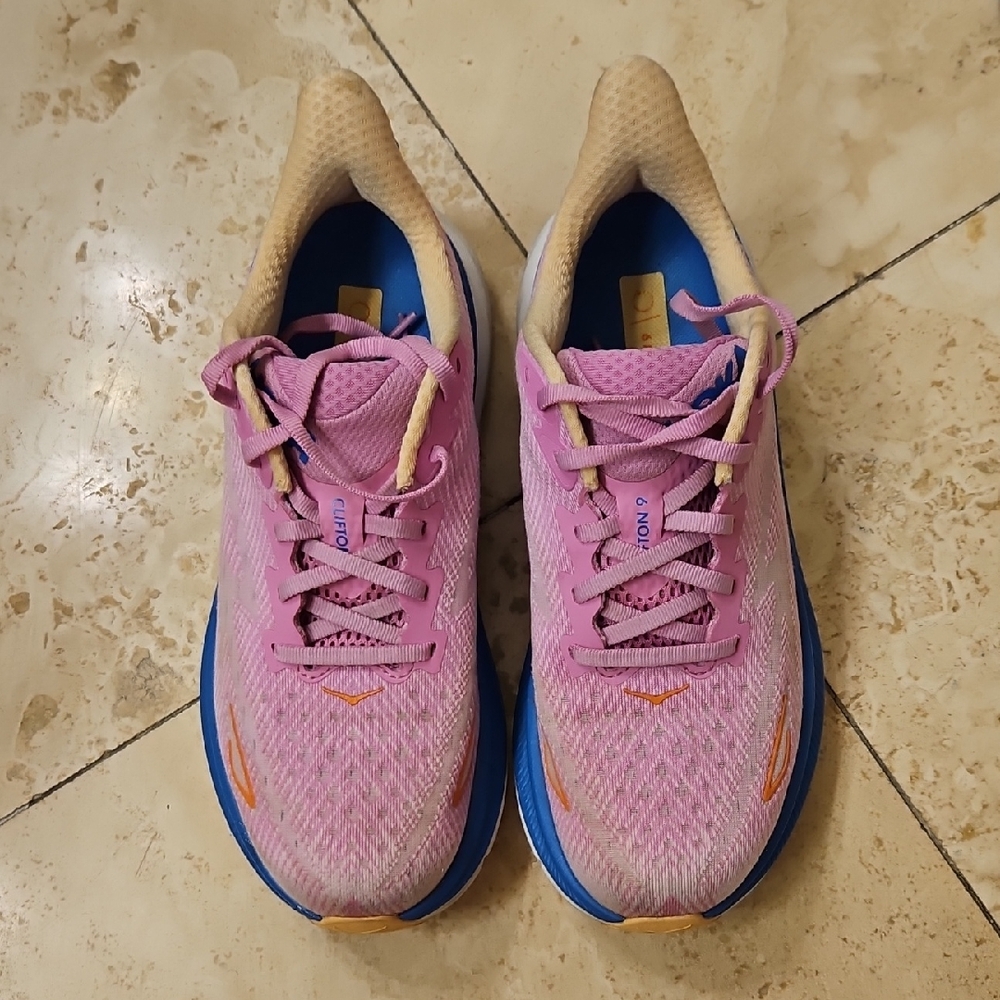 Hoka One One Clifton 9 Pink and Blue Athletic Running Shoes  Womens 7.5